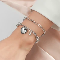 new simple silver color love couple bracelet retro hip hop girl double peach heart personality jewelry for friends