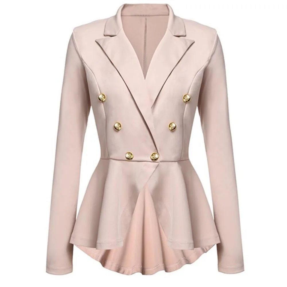 2019 Блейзер Женский длинный рукав оборки баска Кнопка Повседневная Куртка Пальто