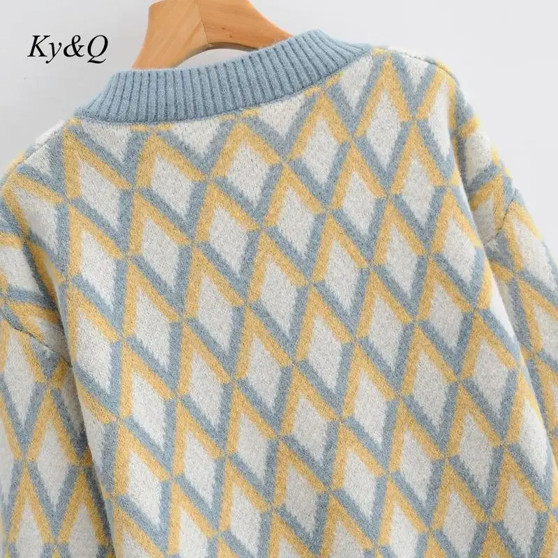

Brand Design Luxury Winter Fashion Elegant V-Neck Jacquard Diamond Block Casual Loose Knit Pullover Sweater 2020 New Coat