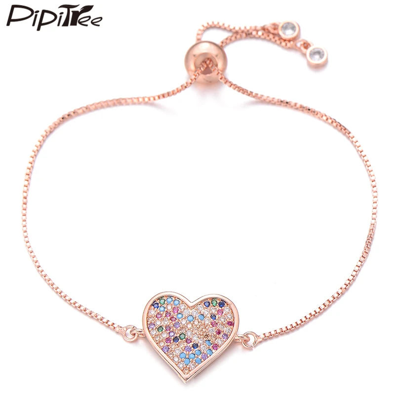 Pipitree, нежный браслет с большим сердцем, ползунок, цепь, многоцветный кубический цирконий, браслеты для женщин, влюбленных, трендовые ювелирные изделия