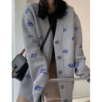 new autumn womens clothing v neck jacquard single breasted knitted coat mid length cardigan grey sweater urban leisure loose