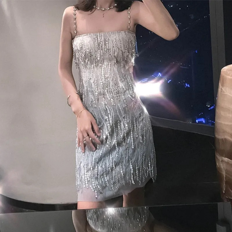 2020 Summer New Women Bling Crystal Tassel Party Dress Elegant Ladies Sexy Off Shoulder Pearls Strap Sleeveless Mini | Женская одежда