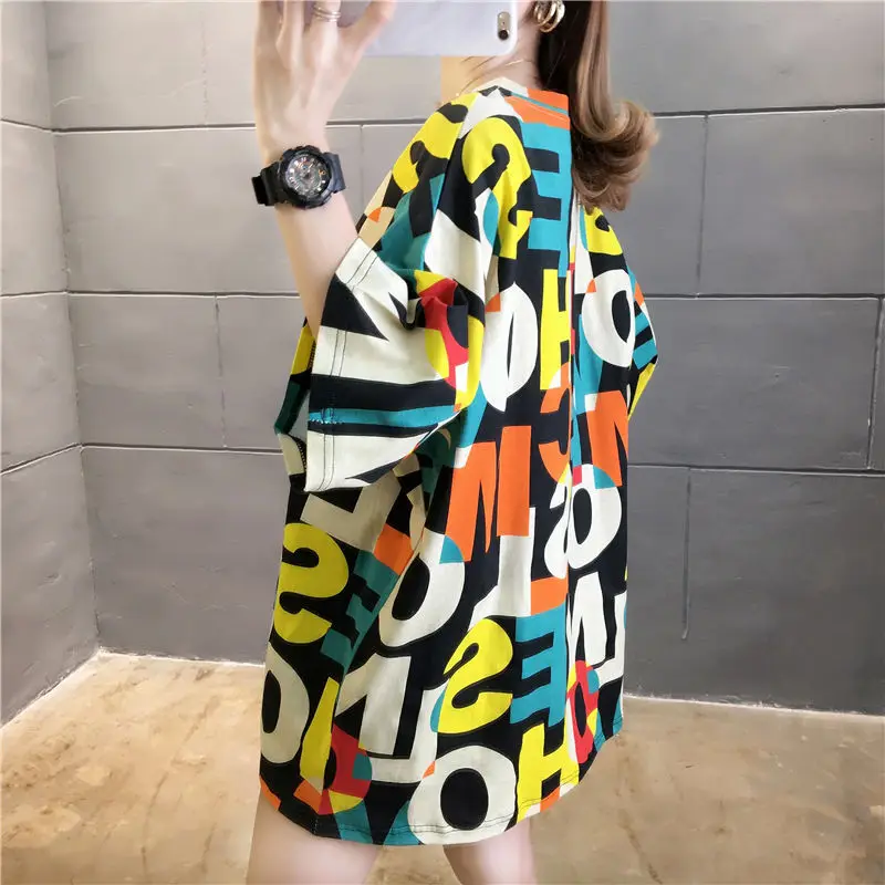 

Personality Mid-Length T-Shirt Women 2020 Summer Fashion New Round Neck Half-Sleeved Large Size Loose T-Shirt Top Tide 081