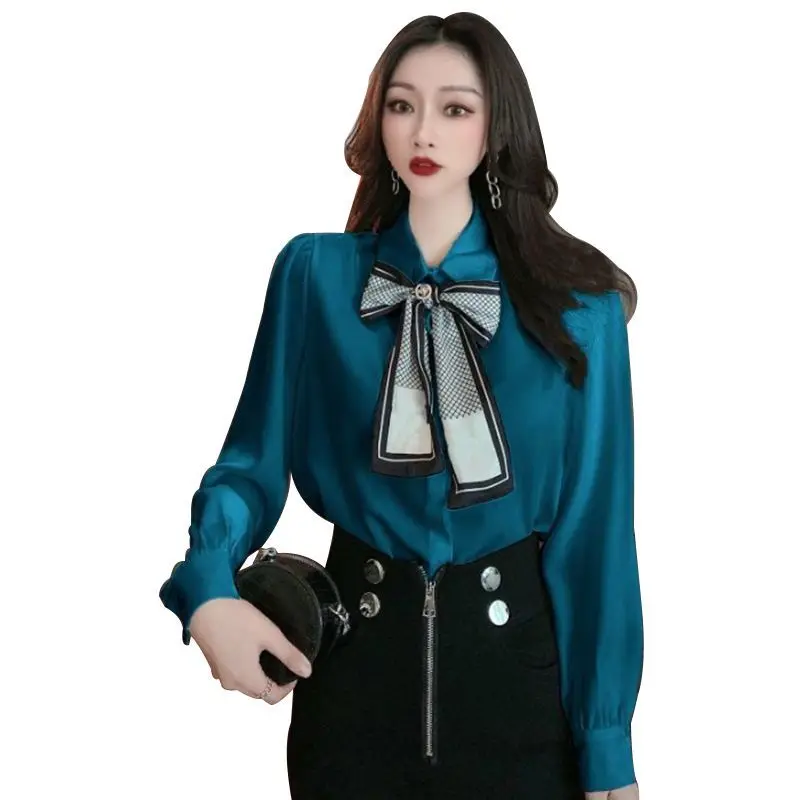 

Early spring 2021 new French white long sleeve polo collar Tie Shirt Blouse