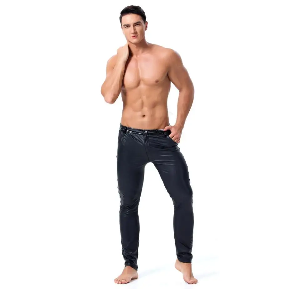 Высокоэластичные мужские черные латексные леггинсы из искусственной кожи