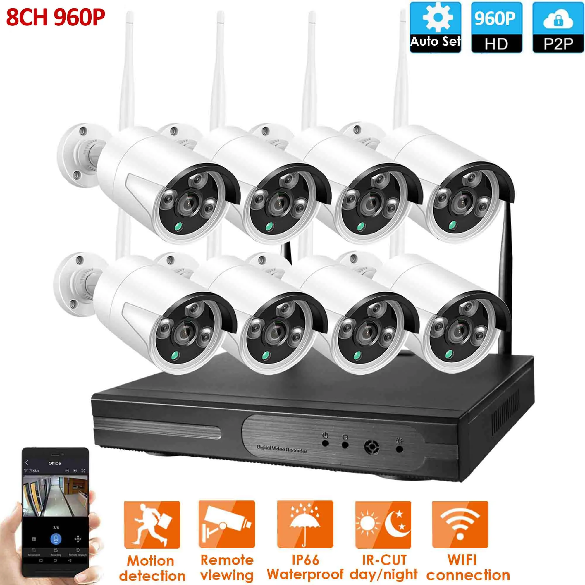 8CH 960P WIFI KIT 8CH система видеонаблюдения беспроводная 720 P/960 P/1080 P NVR 2.0MP IR наружная крытая P2P Wifi CCTV камера безопасности Система наблюдения NVR комплект - Цвет: 8CH 960P WIFI KIT