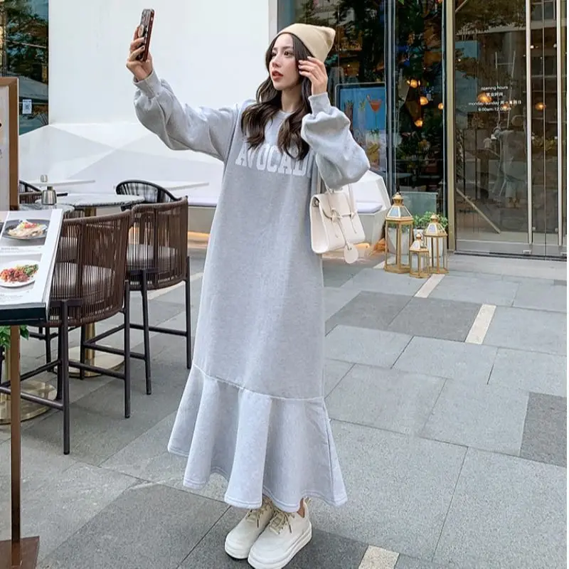 

Spring Autumn Dress Vintage Gray Black Dress Long-sleeved Ruffled O-neck Long-sleeved Dress Robe Harajuku Baggy Dress 2022 New