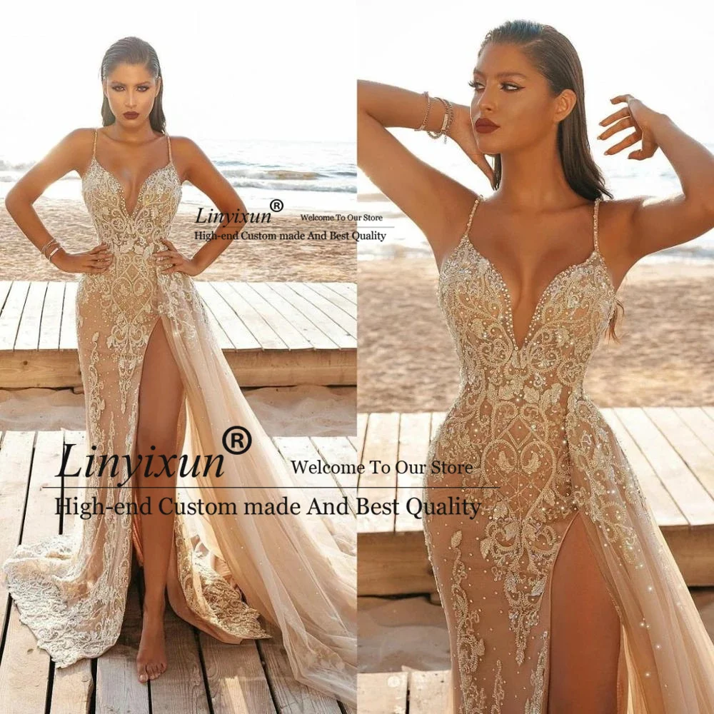 2021 Champagne Mermaid High Split Prom Dresses robes de soirée Spaghetti Straps Lace Beaded Evening Gowns Overskirt Sweep Train