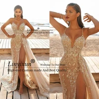 2021 champagne mermaid high split prom dresses robes de soir%c3%a9e spaghetti straps lace beaded evening gowns overskirt sweep train