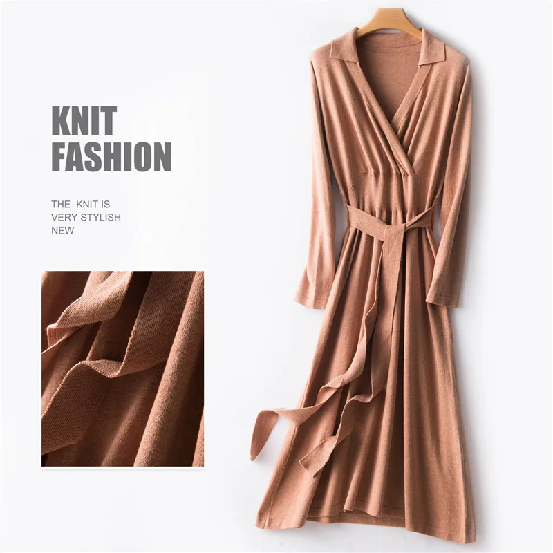 Женская длинная юбка-свитер с v-образным вырезом и поясом сексуальное вязаное