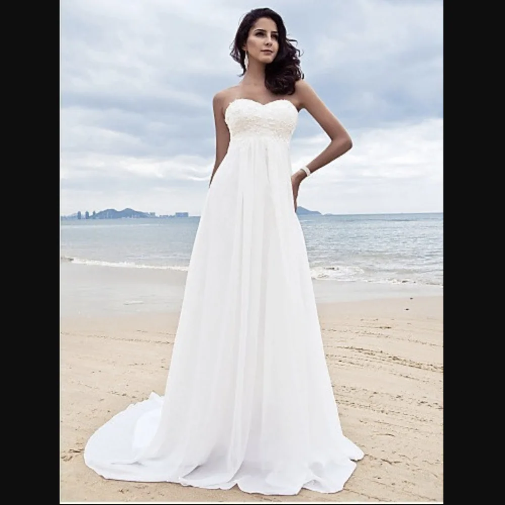 Элегантное пляжное белое свадебное платье А-силуэта без бретелек кружевное