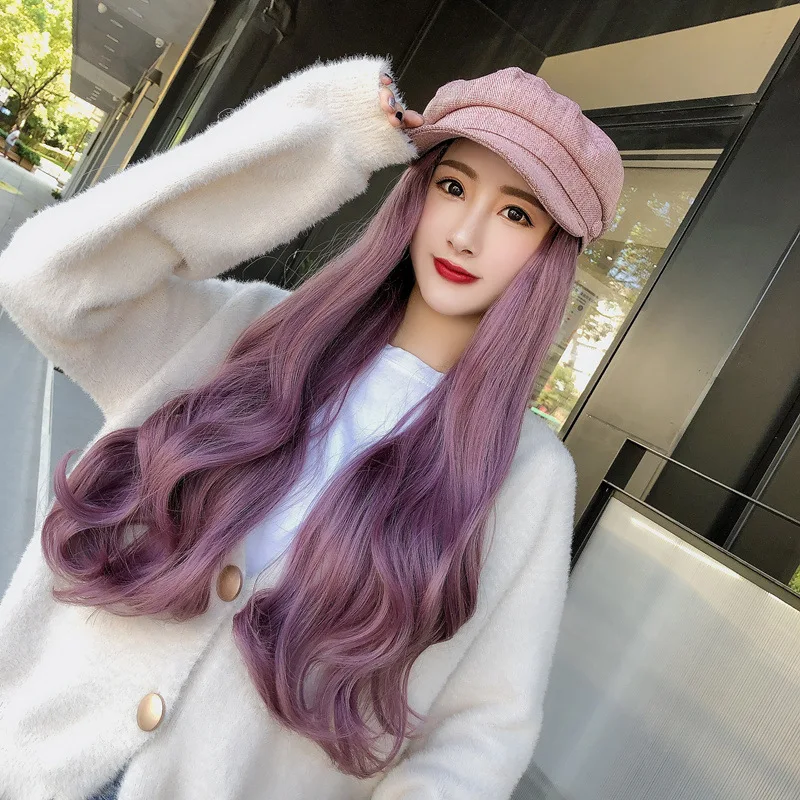 

Bonnet Femme Long Big Wave Hat Wig Synthetic Hair Red Black Blue British grid Cap Natural Full Head Cover Hats For Women