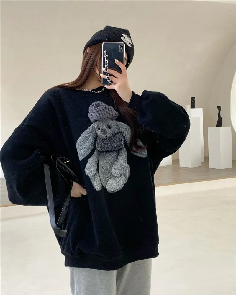 

2021 Spring New Women's Sweatshirt Bf Fashion Baby Tide Rabbit Double Yarn Cotton Plus Velvet Black Gray Round Neck Sweatshirt