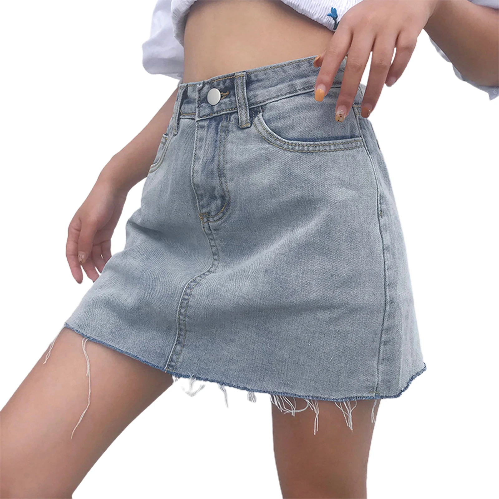 

Women's Mini Denim Skirt, Casual High Waist Frayed Hem A-Line Jean Skirt with Shorts