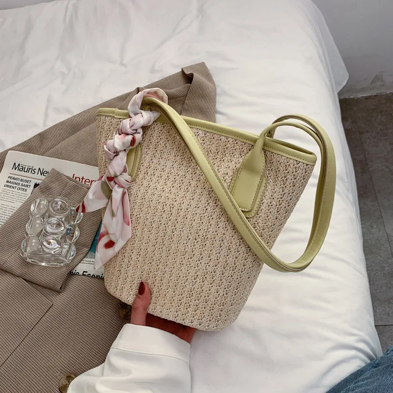 

Casual Travel Beach Bags For Women 2021 Summer Fashion Ladies Shoulder Bag With Ribbon Brand Design Straw Woven Handbags Female