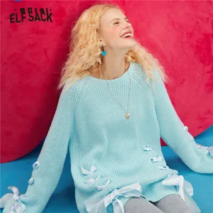 ELFSACK однотонный Чистый галстук-бабочка в форме Креста, повседневный трикотажный пуловер оверсайз, женские свитера, 2021 зимний эльф с длинным рукавом, Женские винтажные Топы