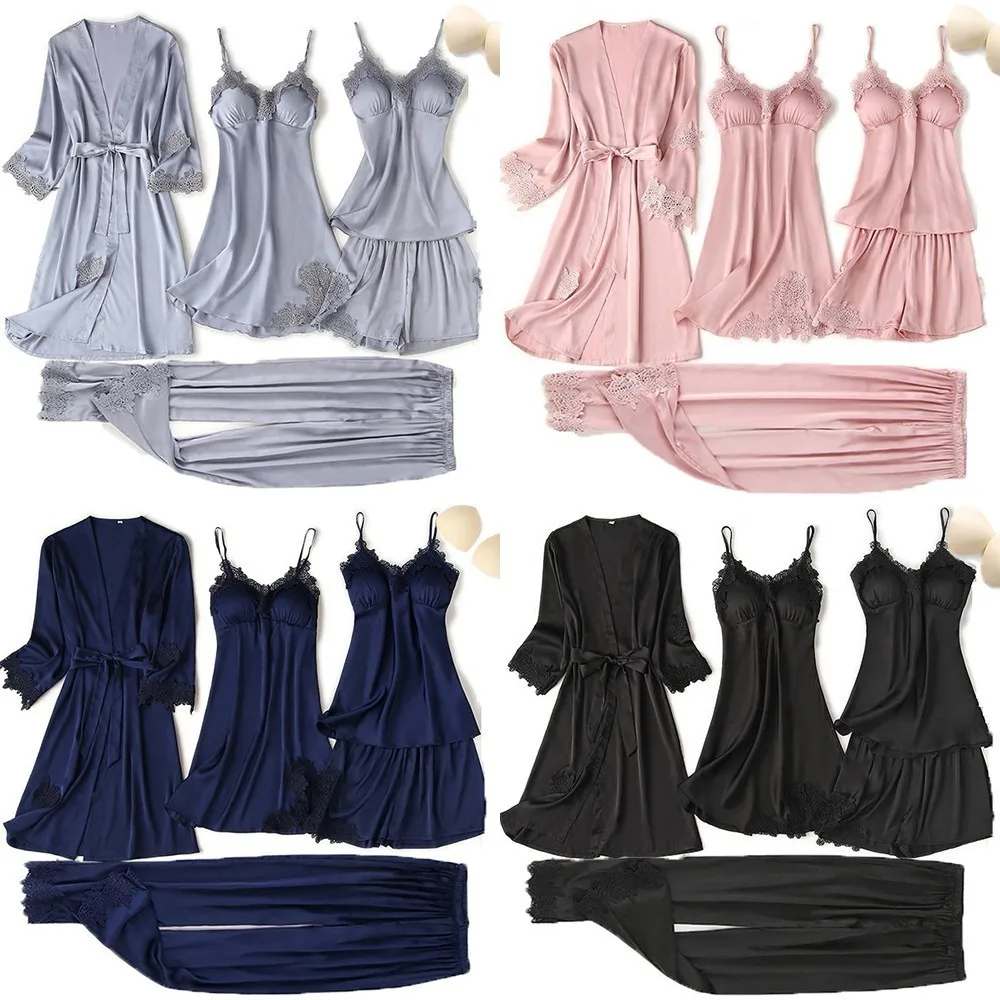 

Women Satin Pajamas Lace 5PCS Pj's Sleep Set V-Neck Kimono Robe Gown Summer Pyjamas Suit Sexy Sleepwear Nightwear Thin Lingerie