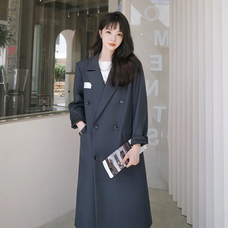 

LANMREM Women Trench New Lapel Long Sleeve Loose Fit Windbreaker Fashion Tide Autumn 2021 Gray Casual Trench Coat 2W201
