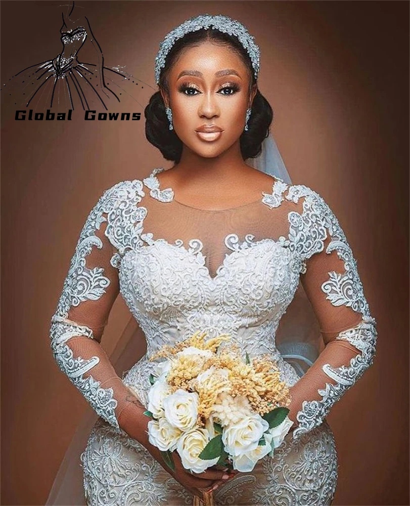 

Aso Ebi Lace 2021 Elegant New White O Neck Wedding Dress African Beaded Bridal Gown Mermaid Formal Gowns