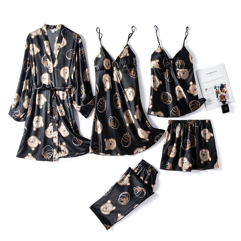 

Pajamas women spring and autumn sexy ice silk summer thin long-sleeved suspenders chest pad nightdress nightgown five-piece bear