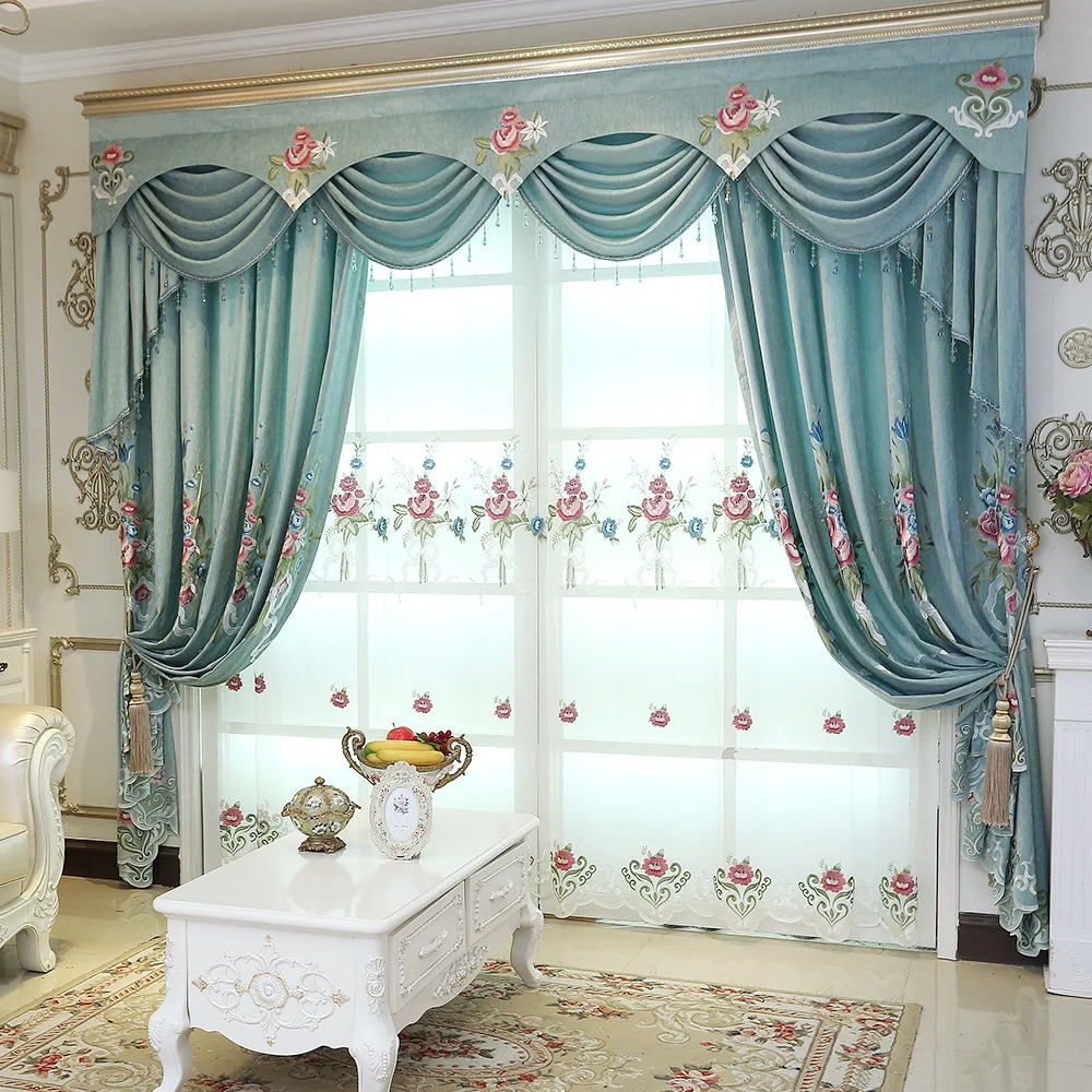 Европейские Синие вышитые толстые оконные шторы с большими цветами занавески