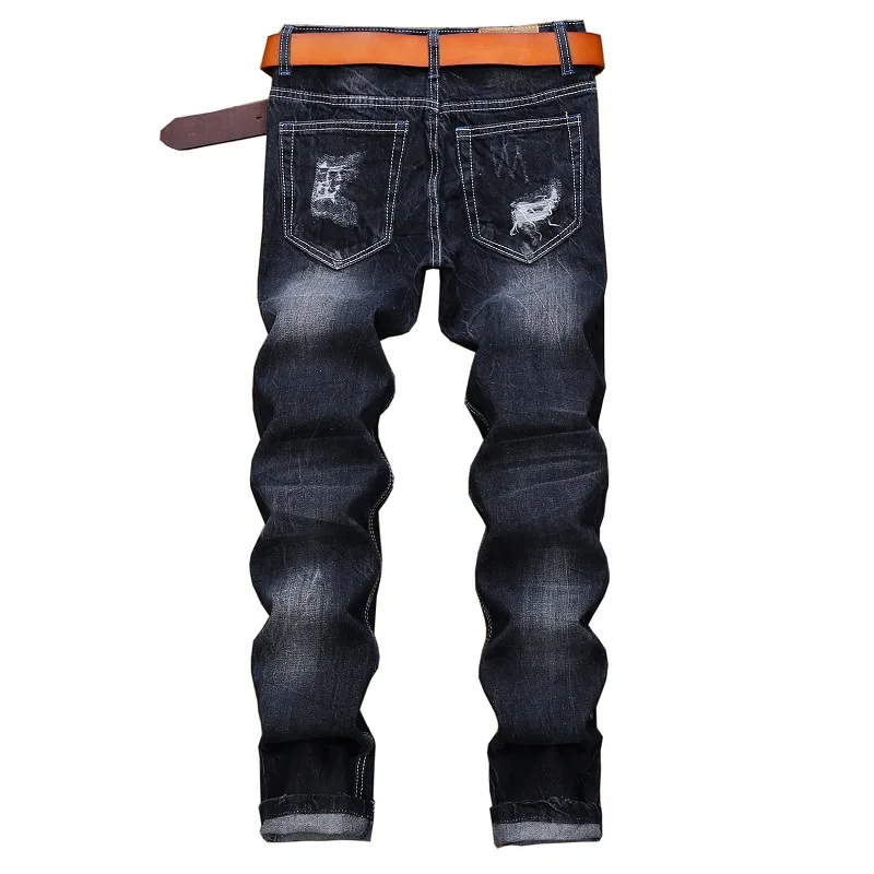 

2021 new style ripped fashion pants casual men's trousers embroidered patch color matching straight-leg pants