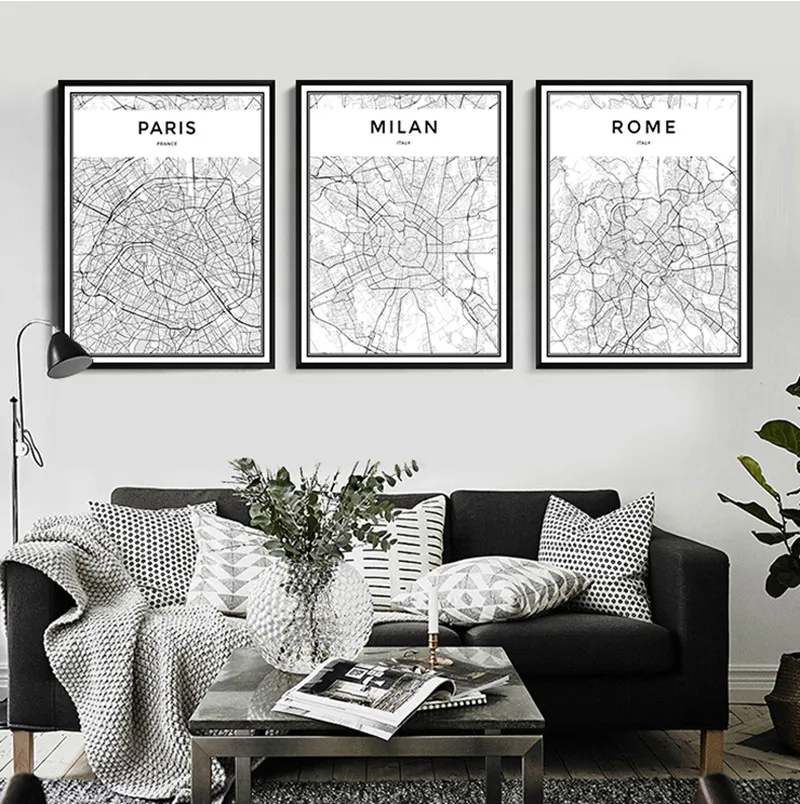 

Black and White World City Map New York Tokyo Paris Wall Art Canvas Poster Prints Nordic Style Paintings Picture for Living Room