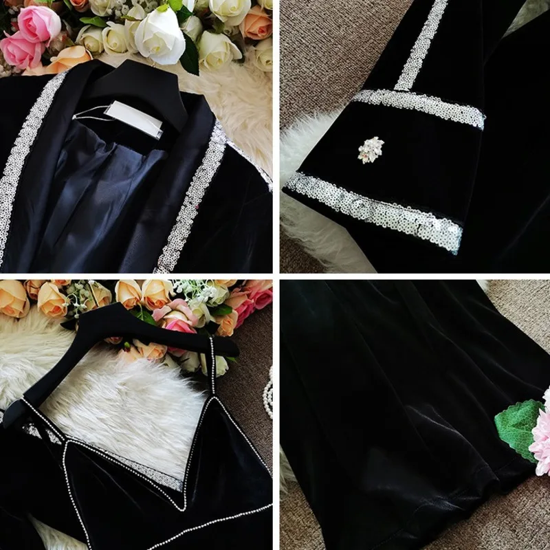 

Temperament gold velvet suit 2020 autumn new ladies sequined coat diamond sling skirt two-piece female