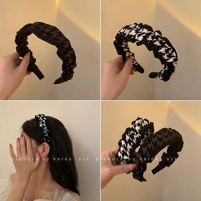 

Korean retro houndstooth headband high skull top wide brim headband net celebrity ins Hong Kong style wild face wash headdress