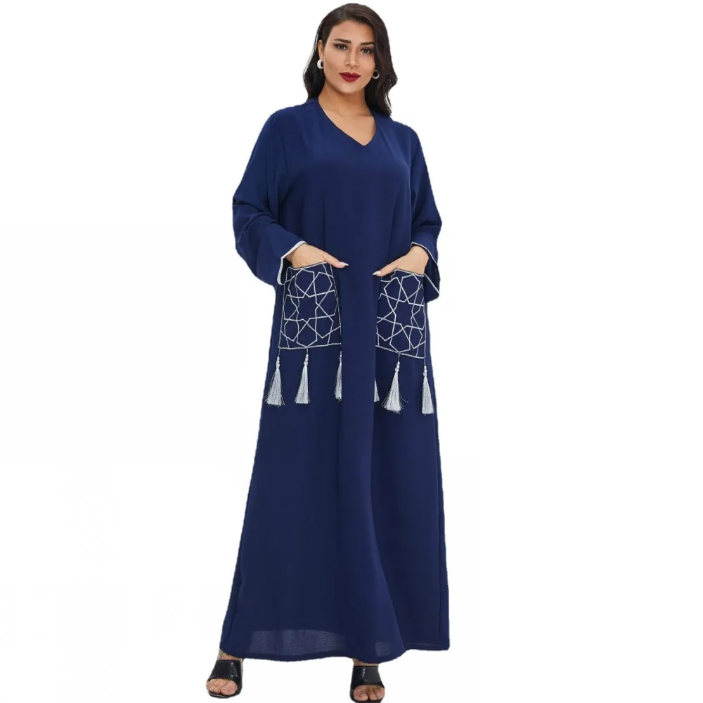 

Muslim Ladies Big Swing Maxi DressSpring 2021 New M-2XL Loose V-neck Middle East Long Sleeve Dress Gown Leisure Dubai Abaya