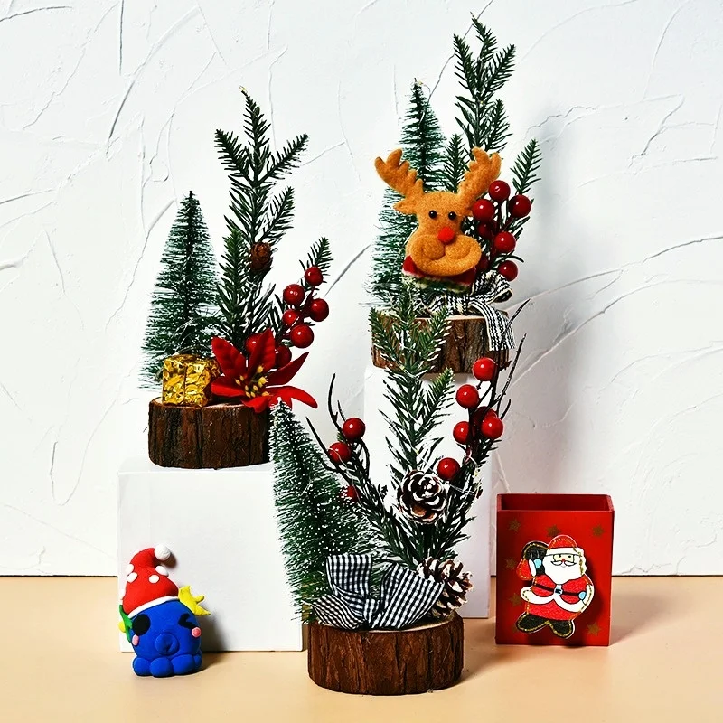 

Holiday Party Christmas Decoration, 23cmLED Luminous Christmas Ornaments, Wooden Bottom Tabletop Decoration Mini Christmas Tree
