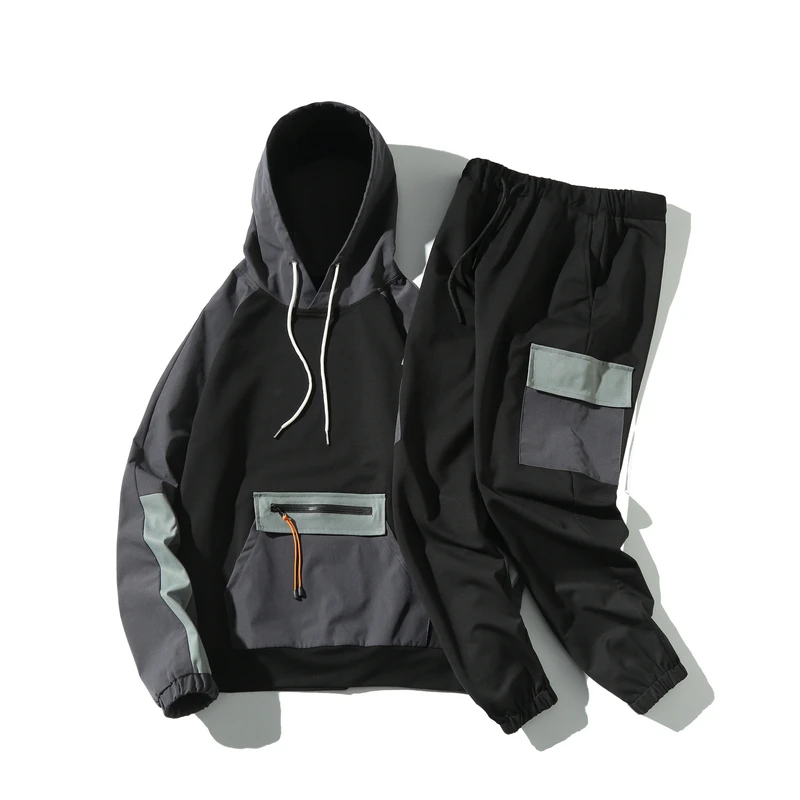 

Streetwear Hip Hop 2 Pieces Set Mens Tracksuit Casual Pockets Suits Loose Hooded Sweatshirts Men Jacket+Pants Sets Mens Clothing