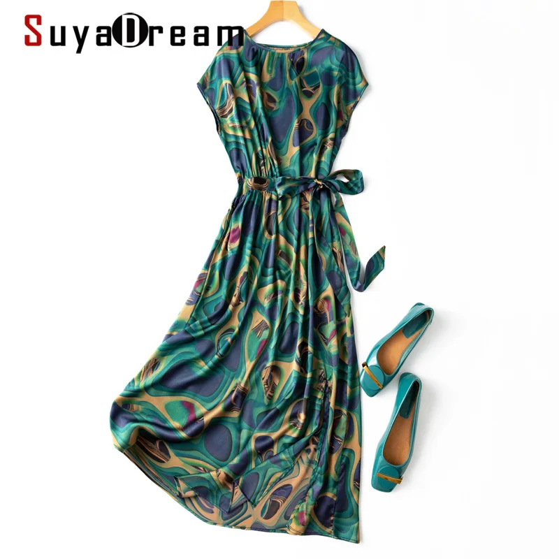 

SuyaDream Woman Long Printed Dress 92%Silk 8%Spandex Bat Sleeved Sashes Dresses 2022 Spring Summer Green Clothes