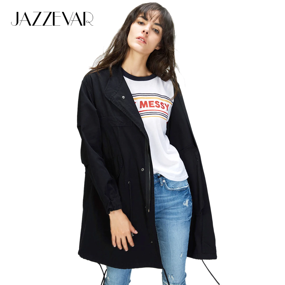 JAZZEVAR, осень, новинка, Женский Повседневный Тренч, армейский зеленый, Md-длинная версия, верхняя одежда, хлопок, винтажная, вареная, свободная одежда