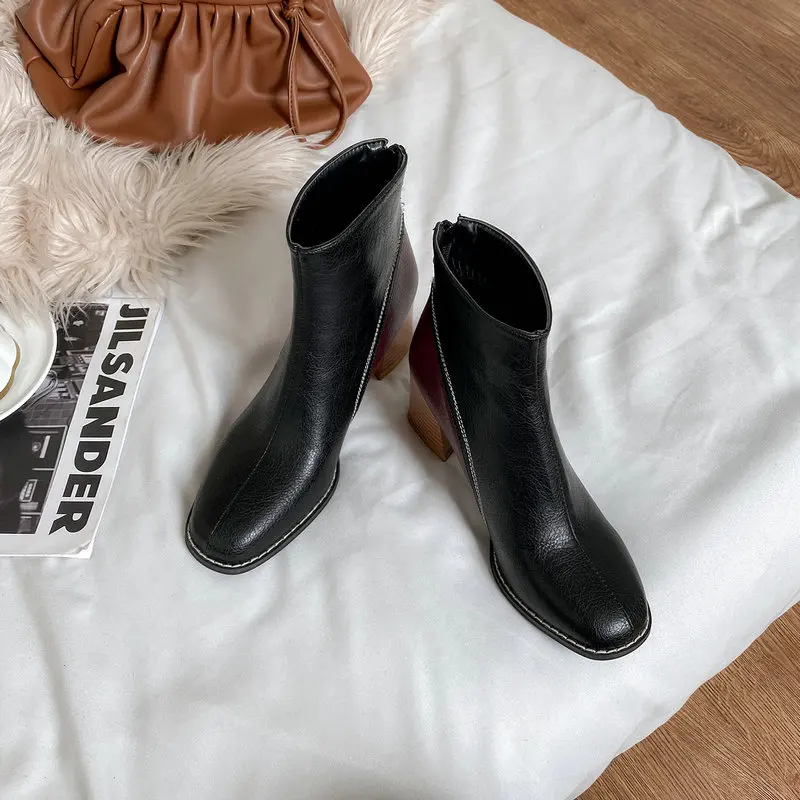 

2021 New PU Leather Ankle Boots Autumn Winter Round Toe Zipper Women Shoes Square High Heel Short Boots Big Size 34-43