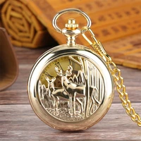 golden elk mechanical pocket watch roman numerals dial double open face pendant manual mechanism fob chain timepiece male gifts