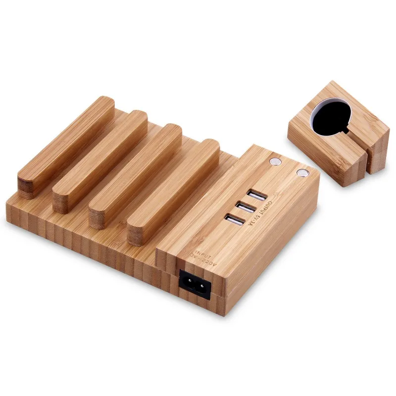 

4 Slot 3 USB Ports Charging Station Phone Tablet Desk Wooden Charger Fast Charging Dock Station