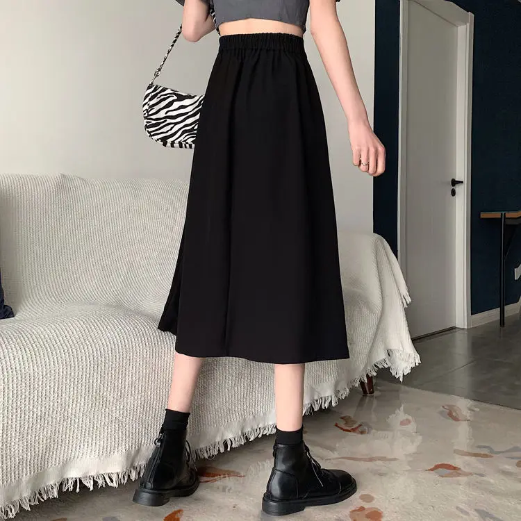 

Versatile high waist A-line skirt 2021 spring and summer new female student ins elastic waist medium length Korean slim skirt