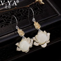 v ya 925 sterling silver inlaid hetian jade white jade lotus flower hook earring plum blossom drop earrings for women jewelry
