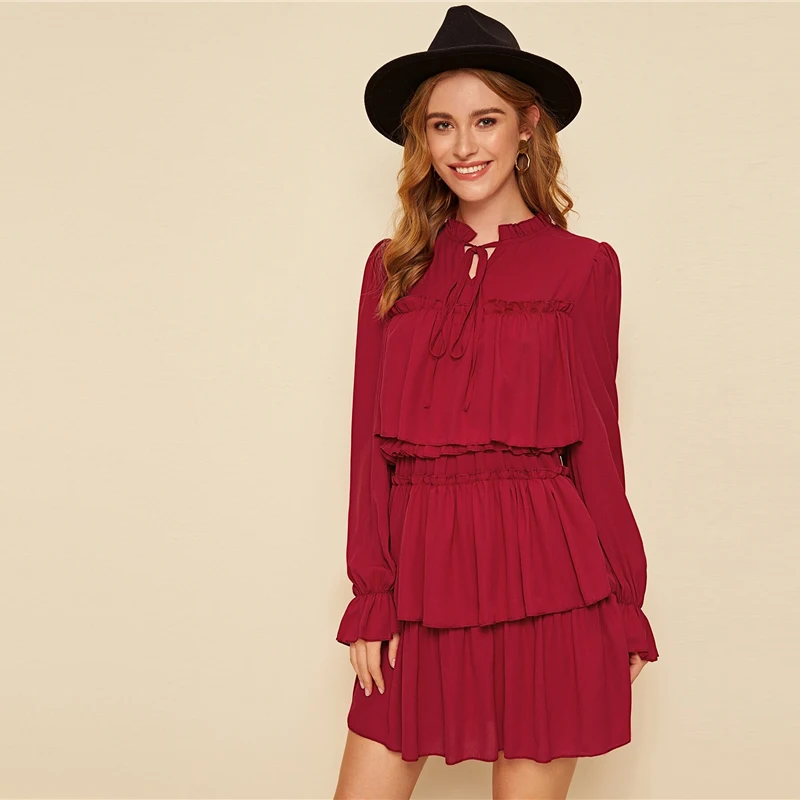 SHEIN черный оборка с завязками на шее с рюшами для девочек на вечеринки, цветок вечерние мини-платье Для женщин Осень Стенд воротник женские элегантные вечерние платья
