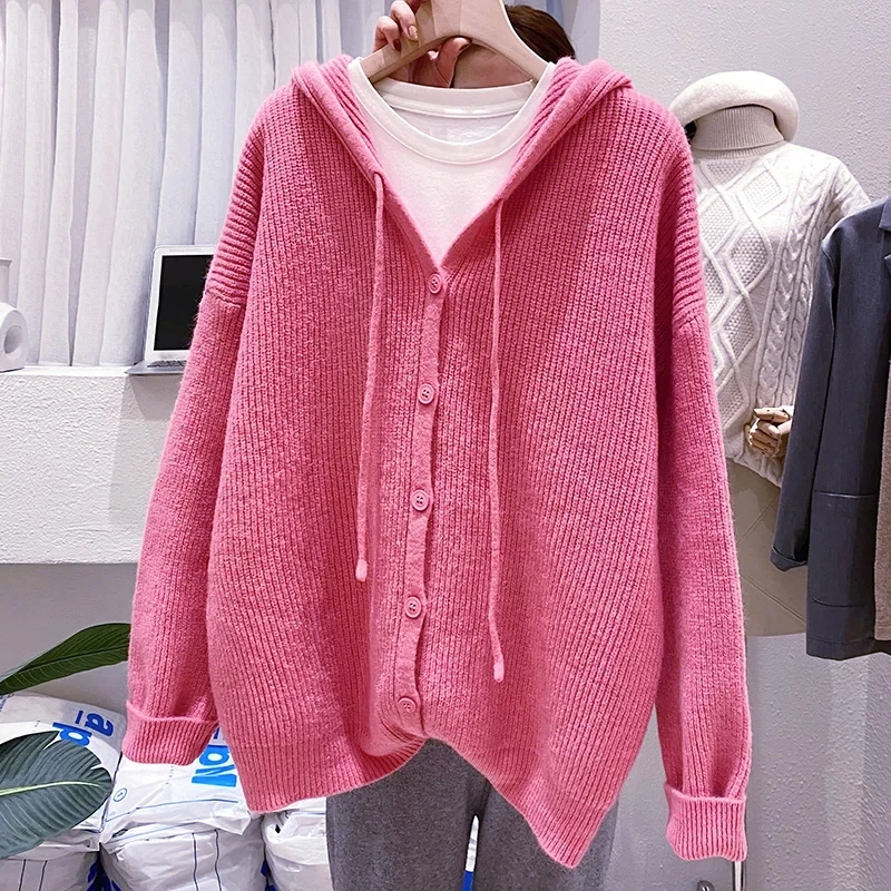 

V-neck Knit Cardigan Early Spring Jacket Women 2021 New Hooded Sweater