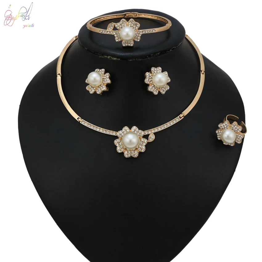 

Yulaili Elegance Imitation Pearl Flower Shape Crystal Neckalce Stud Earrings Charm Bangle Ring Wedding Jewelry Sets For Women
