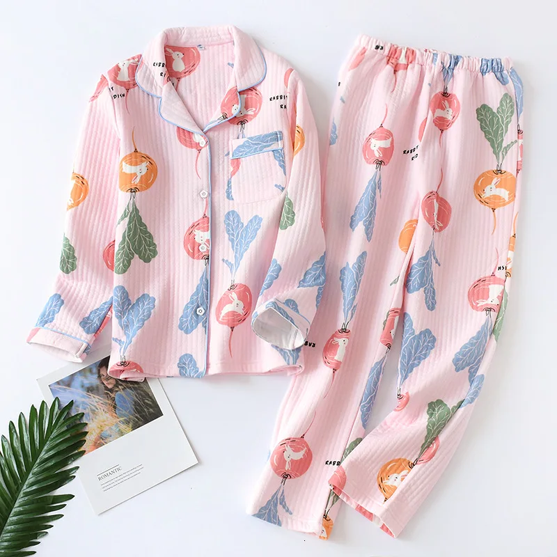 Full Cotton Pajamas Set Kimono Causal Pure Woman Long Sleeve Layers Cartoon Print Spring Thickening Homewear Suit Yukata | Тематическая