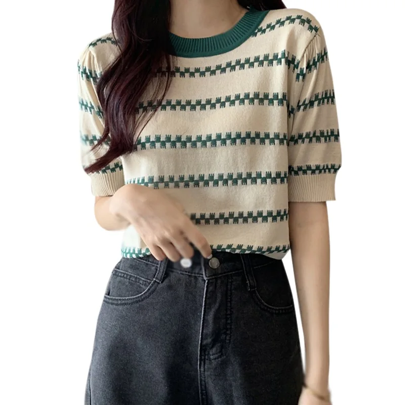 

Summer Loose Thin Striped Round Neck Tshirt Short-sleeved Knitted Thin Shared Tee Female Crop Top Ladies Shirt