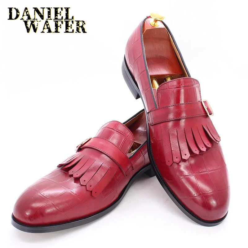 

FASHION MEN'S LOAFERS LUXURY GENUINE LEATHER STONES PRINTED SLIP BUCKLE STRAP TASSELS LOAFERS MEN FORMAL DRESS CASUAL SHOES MEN