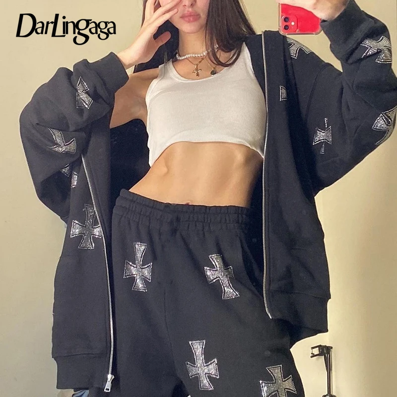 

Darlingaga Streetwear Rhinestone Oversized Hoodie Zipper Up Casual Autumn Winter Sweatshirts Diamond Jacket Coat Outwear Hooded