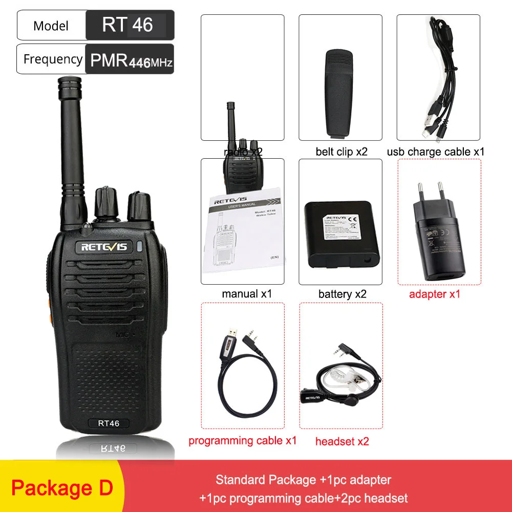 Package D Пара RETEVIS RT46 Walkie Talkie PMR радио PMR446/FRS Портативное двухстороннее радио VOX Micro-usb зарядка Li-Ion(или AA) батарея - Цвет: Package D