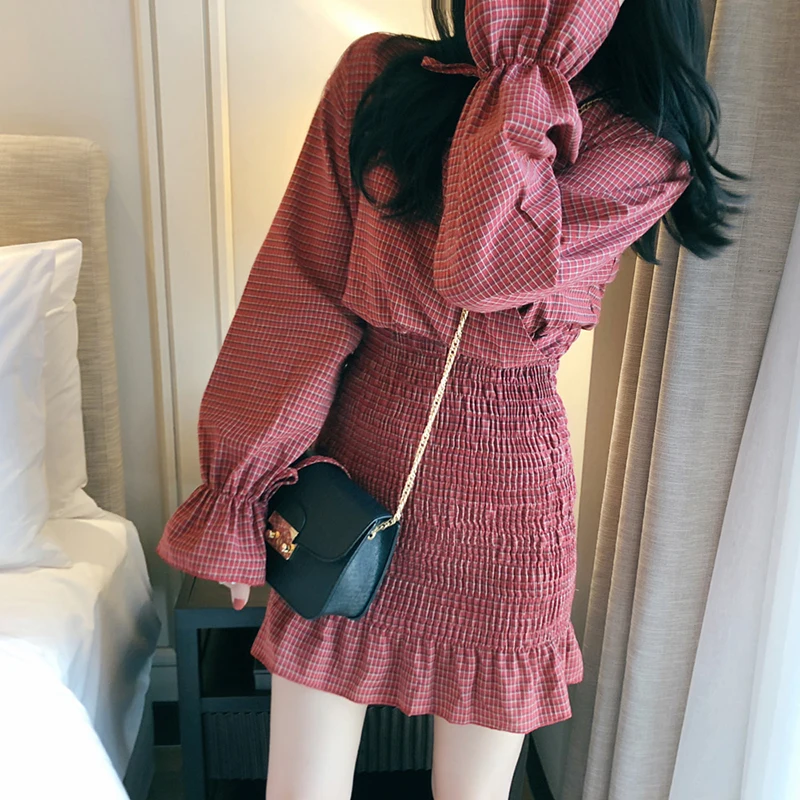 Платье женское клетчатое ТРАПЕЦИЕВИДНОЕ с длинным рукавом бабочкой бантом и