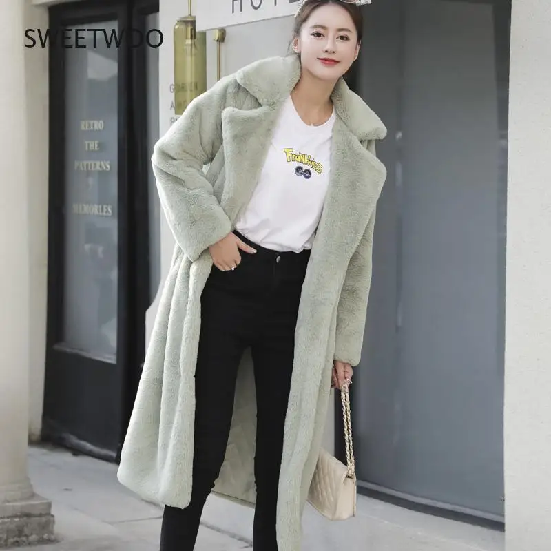 Winter Women High Quality Faux Rabbit Fur Coat Luxury Long Fur Coat Loose Lapel Overcoat Thick Warm  Female Plush Coats