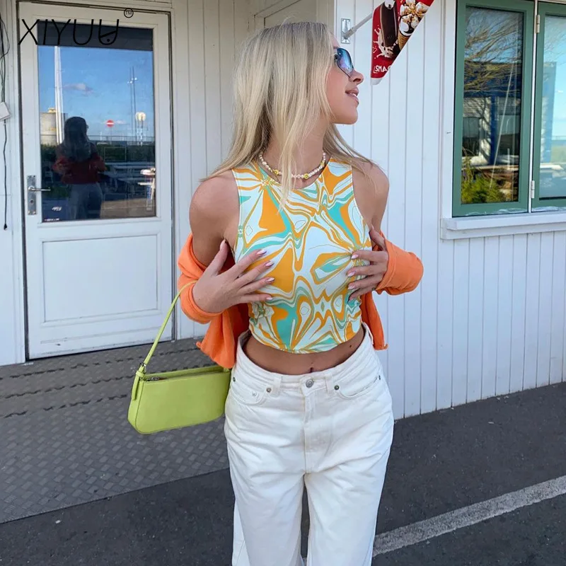 

XIYUU Summer Crop Tops Printing Sexy Women Vest Casual Basic tee Hit The Color Female Off Shoulder Round Neck Slim Tank Tops